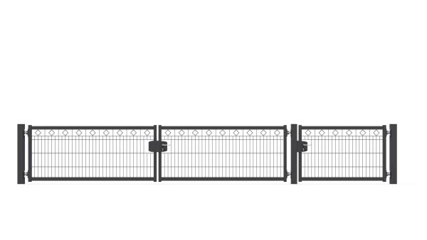 Schmuckhoftor-SET BASIC-Linie Modell BERLIN mit Designelement Raute von zaunguru.de -
Flügelhöhe: 830 mm / Flügelbreiten (ohne Pfosten) Tor: 2x 1875 mm, Tür: 1x 1275 mm / Farbe: RAL 7016 / Öffnungswinkel: 90 Grad.