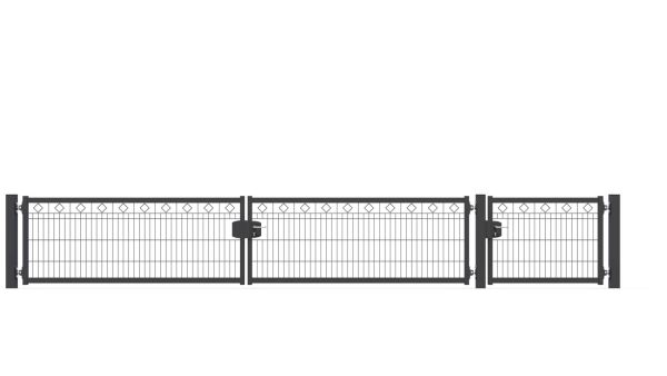 Schmuckhoftor-SET BASIC-Linie Modell BERLIN mit Designelement Raute von zaunguru.de -
Flügelhöhe: 830 mm / Flügelbreiten (ohne Pfosten) Tor: 2x 2075 mm, Tür: 1x 1075 mm / Farbe: RAL 7016 / Öffnungswinkel: 90 Grad.