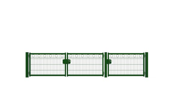 Schmuckhoftor-SET BASIC-Linie Modell BERLIN mit Designelement Ring von zaunguru.de -
Flügelhöhe: 830 mm / Flügelbreiten (ohne Pfosten) Tor: 2x 1275 mm, Tür: 1x 1275 mm / Farbe: RAL 6005 / Öffnungswinkel: 180 Grad.