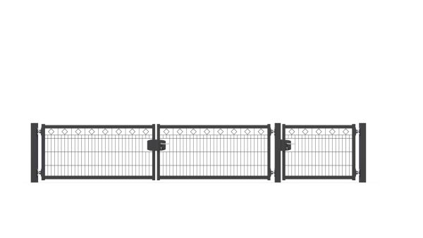 Schmuckhoftor-SET BASIC-Linie Modell BERLIN mit Designelement Raute von zaunguru.de -
Flügelhöhe: 830 mm / Flügelbreiten (ohne Pfosten) Tor: 2x 1675 mm, Tür: 1x 1075 mm / Farbe: RAL 7016 / Öffnungswinkel: 90 Grad.