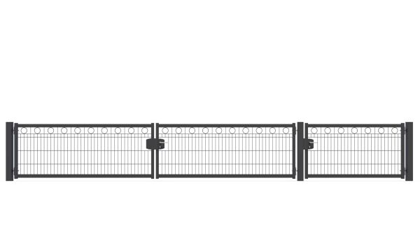 Schmuckhoftor-SET BASIC-Linie Modell BERLIN mit Designelement Ring von zaunguru.de -
Flügelhöhe: 830 mm / Flügelbreiten (ohne Pfosten) Tor: 2x 2075 mm, Tür: 1x 1475 mm / Farbe: RAL 7016 / Öffnungswinkel: 180 Grad.