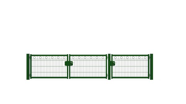 Schmuckhoftor-SET BASIC-Linie Modell BERLIN mit Designelement Raute von zaunguru.de -
Flügelhöhe: 830 mm / Flügelbreiten (ohne Pfosten) Tor: 2x 1275 mm, Tür: 1x 1275 mm / Farbe: RAL 6005 / Öffnungswinkel: 180 Grad.