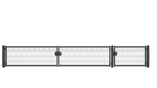 Schmuckhoftor-SET BASIC-Linie Modell BERLIN mit Designelement Raute von zaunguru.de -
Flügelhöhe: 830 mm / Flügelbreiten (ohne Pfosten) Tor: 2x 2075 mm, Tür: 1x 1275 mm / Farbe: RAL 7016 / Öffnungswinkel: 180 Grad.