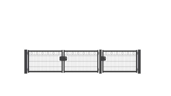 Schmuckhoftor-SET BASIC-Linie Modell BERLIN mit Designelement Raute von zaunguru.de -
Flügelhöhe: 830 mm / Flügelbreiten (ohne Pfosten) Tor: 2x 1275 mm, Tür: 1x 1275 mm / Farbe: RAL 7016 / Öffnungswinkel: 180 Grad.
