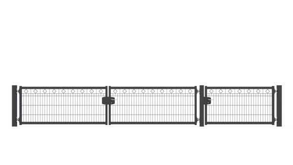 Schmuckhoftor-SET BASIC-Linie Modell BERLIN mit Designelement Raute von zaunguru.de -
Flügelhöhe: 830 mm / Flügelbreiten (ohne Pfosten) Tor: 2x 1875 mm, Tür: 1x 1475 mm / Farbe: RAL 7016 / Öffnungswinkel: 90 Grad.