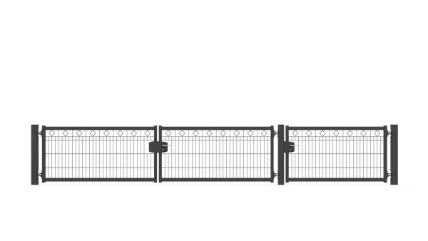 Schmuckhoftor-SET BASIC-Linie Modell BERLIN mit Designelement Raute von zaunguru.de -
Flügelhöhe: 830 mm / Flügelbreiten (ohne Pfosten) Tor: 2x 1675 mm, Tür: 1x 1475 mm / Farbe: RAL 7016 / Öffnungswinkel: 90 Grad.