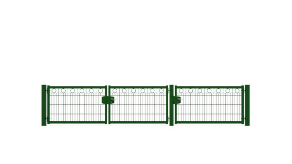 Schmuckhoftor-SET BASIC-Linie Modell BERLIN mit Designelement Ring von zaunguru.de -
Flügelhöhe: 830 mm / Flügelbreiten (ohne Pfosten) Tor: 2x 1275 mm, Tür: 1x 1475 mm / Farbe: RAL 6005 / Öffnungswinkel: 180 Grad.