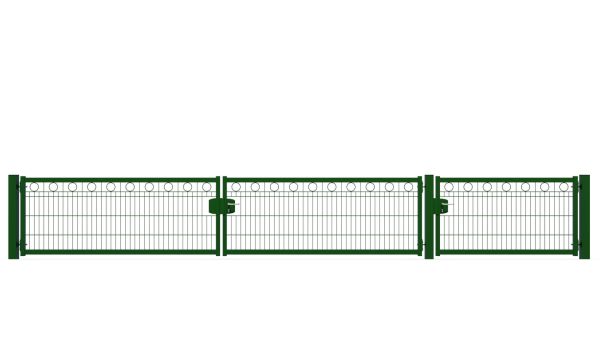 Schmuckhoftor-SET BASIC-Linie Modell BERLIN mit Designelement Ring von zaunguru.de -
Flügelhöhe: 830 mm / Flügelbreiten (ohne Pfosten) Tor: 2x 2075 mm, Tür: 1x 1475 mm / Farbe: RAL 6005 / Öffnungswinkel: 180 Grad.