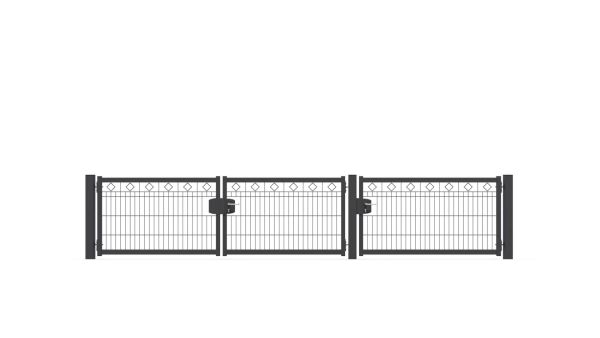 Schmuckhoftor-SET BASIC-Linie Modell BERLIN mit Designelement Raute von zaunguru.de -
Flügelhöhe: 830 mm / Flügelbreiten (ohne Pfosten) Tor: 2x 1275 mm, Tür: 1x 1475 mm / Farbe: RAL 7016 / Öffnungswinkel: 180 Grad.