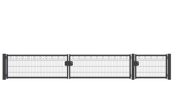Schmuckhoftor-SET BASIC-Linie Modell BERLIN mit Designelement Raute von zaunguru.de -
Flügelhöhe: 830 mm / Flügelbreiten (ohne Pfosten) Tor: 2x 2075 mm, Tür: 1x 1075 mm / Farbe: RAL 7016 / Öffnungswinkel: 180 Grad.