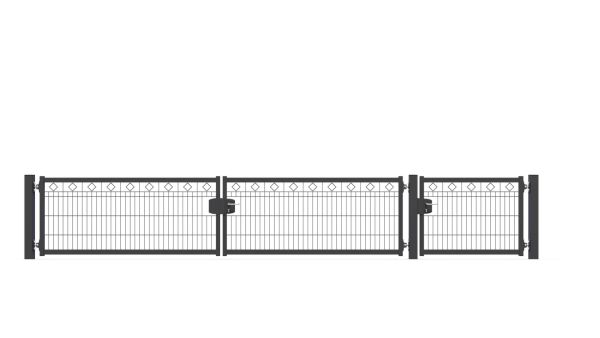 Schmuckhoftor-SET BASIC-Linie Modell BERLIN mit Designelement Raute von zaunguru.de -
Flügelhöhe: 830 mm / Flügelbreiten (ohne Pfosten) Tor: 2x 1875 mm, Tür: 1x 1075 mm / Farbe: RAL 7016 / Öffnungswinkel: 90 Grad.